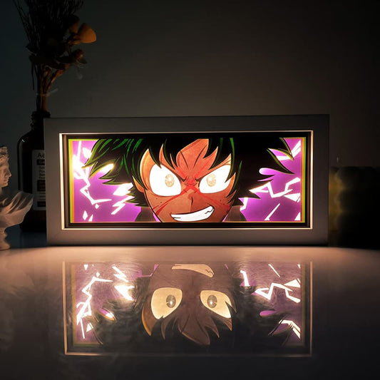 Overlay Deku Anime Light Box oleh Myanimelightbox, bercahaya di bilik gelap, pencahayaan dramatik
