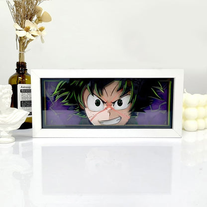 Overlay Deku Anime Light Box by Myanimelightbox, dipaparkan, dalam bingkai putih dengan latar belakang hiasan
