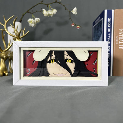 Kotak Cahaya Anime Albedo Overlord oleh Myanimelightbox, dipaparkan, dalam bingkai putih dengan latar belakang hiasan
