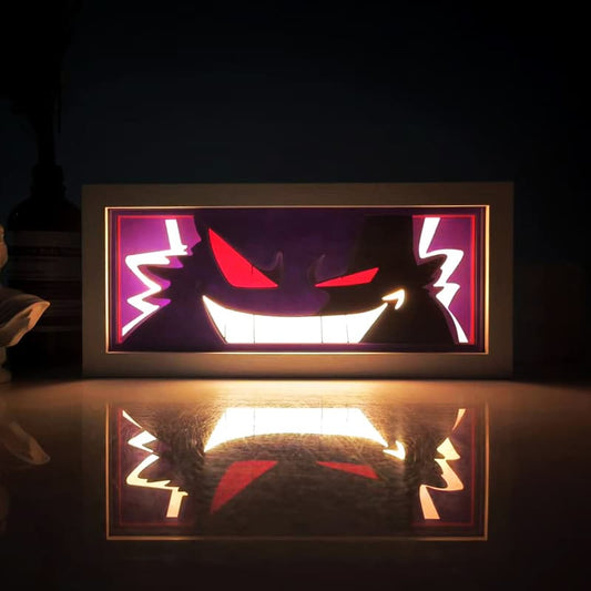 Kotak cahaya anime pintu malam Pokemon Gengar oleh Myanimelightbox, bercahaya di bilik gelap, pencahayaan dramatik
