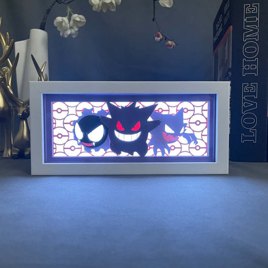 Pokemon Gengar anime light box by MyAnimeLightbox, glowing in dark room, dramatic lighting

