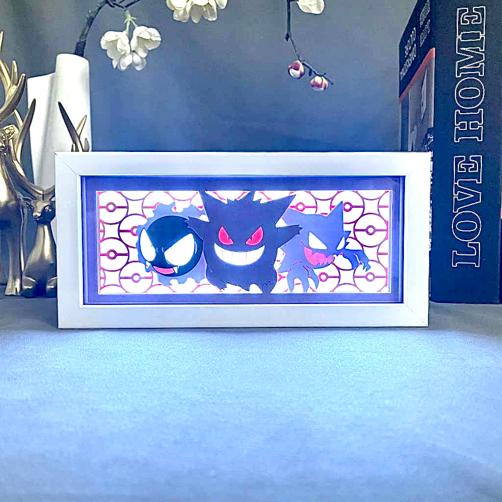 Pokemon Gengar Anime Light Box brillant de lumière allumée, lumières de la pièce visibles, par Myanimelightbox