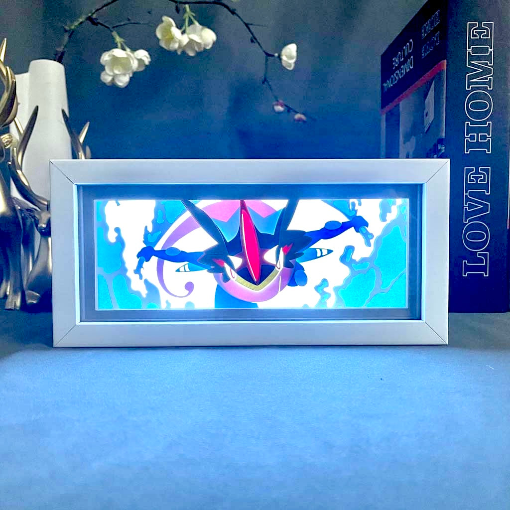 Kotak cahaya anime pokemon greninja bercahaya dengan cahaya, lampu bilik kelihatan, oleh myanimelightbox