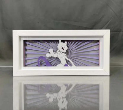 Pokemon Mewtwo Anime Light Box by Myanimelightbox, dipaparkan, dalam bingkai putih dengan latar belakang hiasan