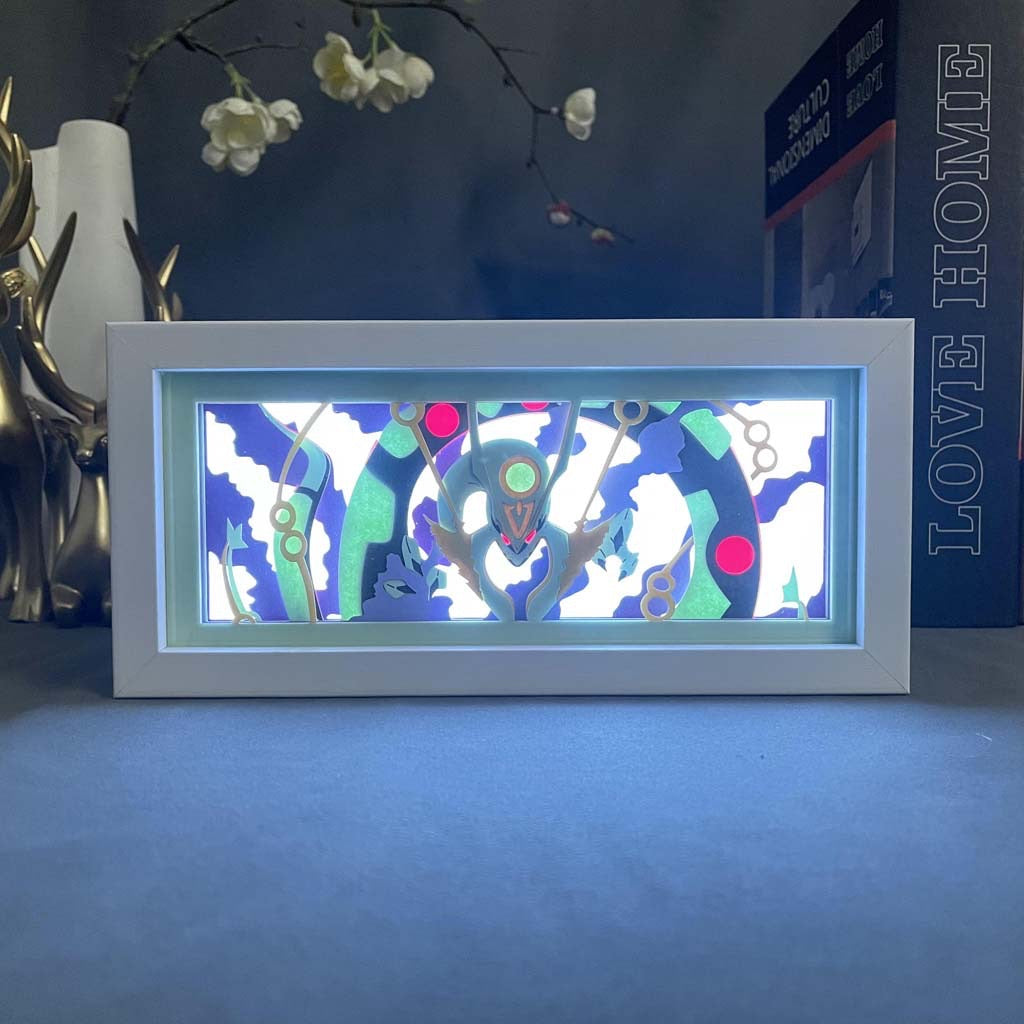 Kotak cahaya anime Pokemon Rayquaza oleh Myanimelightbox, bercahaya di bilik gelap, pencahayaan dramatik
