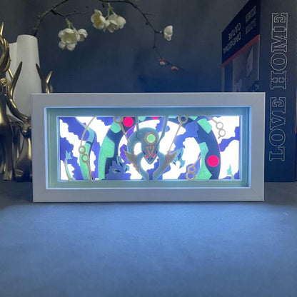Kotak cahaya anime Pokemon Rayquaza oleh Myanimelightbox, bercahaya di bilik gelap, pencahayaan dramatik
