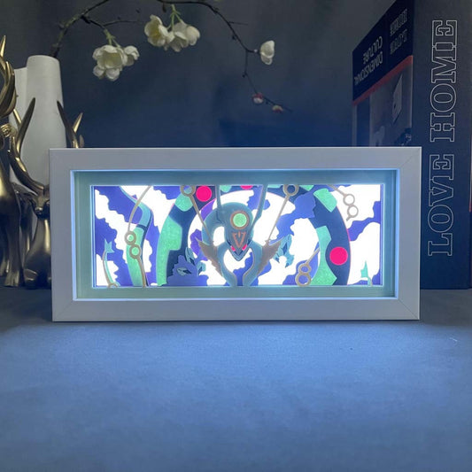 Pokemon Rayquaza anime light box by MyAnimeLightbox, glowing in dark room, dramatic lighting
