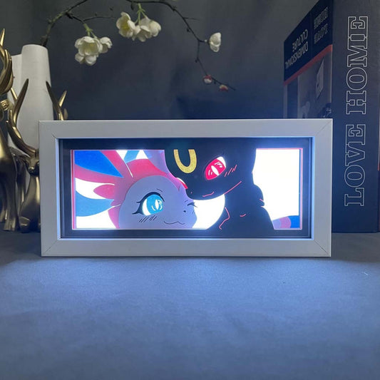 Pokemon Sylveon x Umbreon anime light box by MyAnimeLightbox, glowing in dark room, dramatic lighting