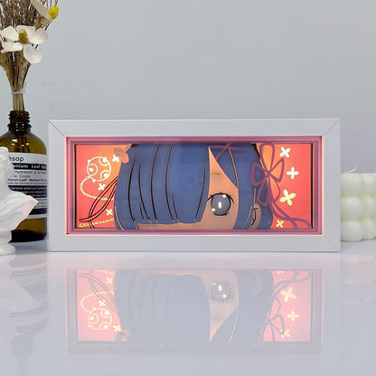 Re:ZERO Rem anime light box glowing with light on, room lights visible, by MyAnimeLightbox
