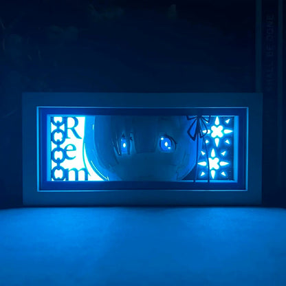 Re Zero Rem anime light box by MyAnimeLightbox, glowing in dark room, dramatic lighting

