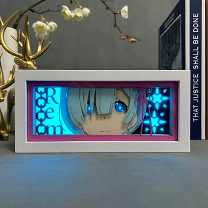 Re Zero Rem anime light box by MyAnimeLightbox, turned on with ambient room light
