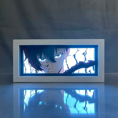 Solo -nivellering gezongen Jin Woo Anime Light Box van MyanimelightBox, gloeiend in donkere kamer, dramatische verlichting
