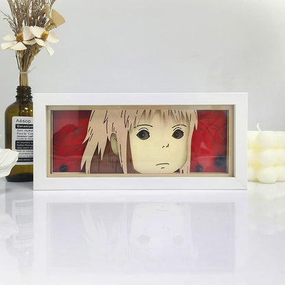 Spirited Away Chihiro Ogino Anime Light Box by Myanimelightbox, dipaparkan, dalam bingkai putih dengan latar belakang hiasan
