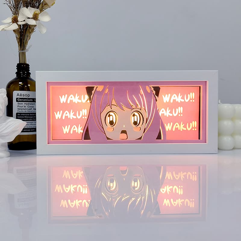 Spy x familiy anya waku waku waku anime Light Box zářící se světlem zapnutými, viditelnými světly pokoje, myanimelightbox