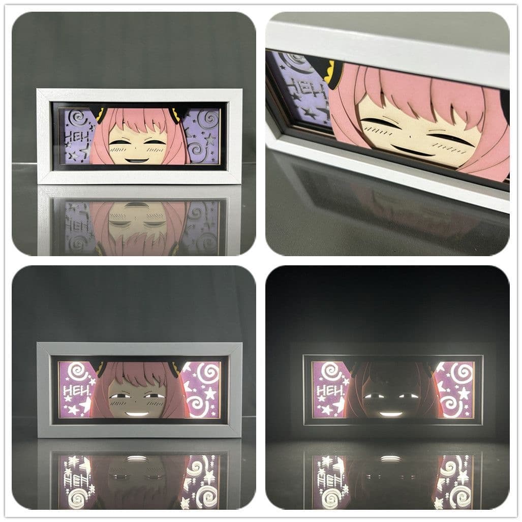 Spy x rodina Anya Forger Anime Light Box od Myanimelightbox, displej v bílém rámu s ozdobným pozadím
