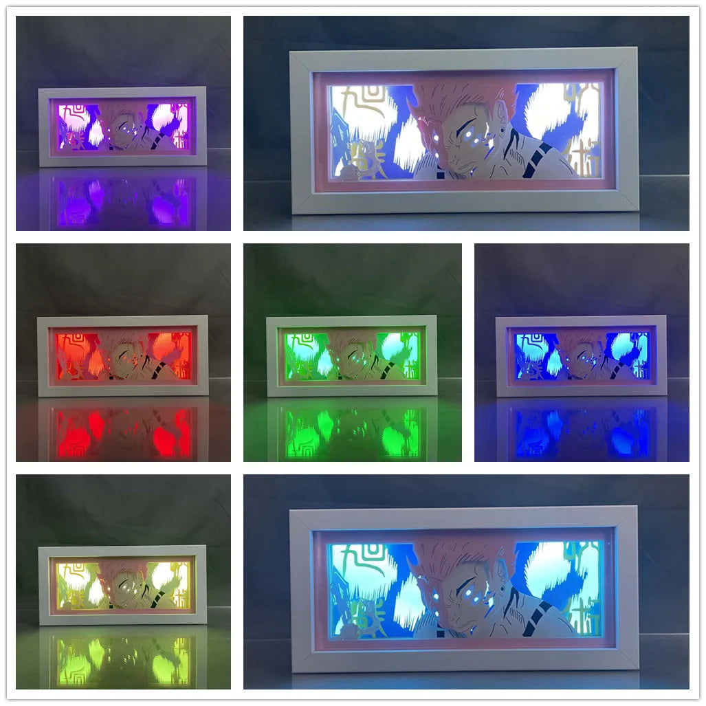 Sukuna Light Box met verschillende intense LED -achtergrondverlichting van Jujutsu Kaisen, met vervloekte energie in anime wanddecoratie.

