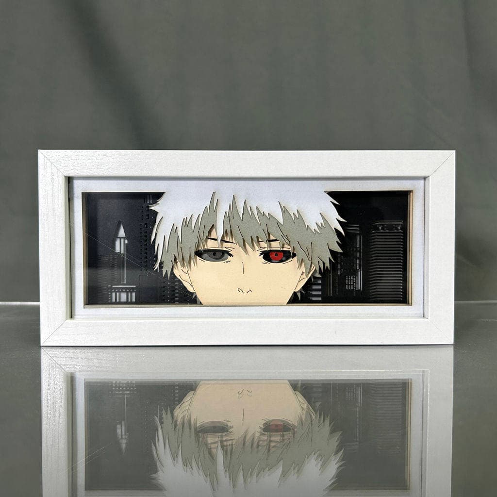 Tokyo Ghoul Kaneki Ken Anime Light Box by Myanimelightbox, dipaparkan, dalam bingkai putih dengan latar belakang hiasan
