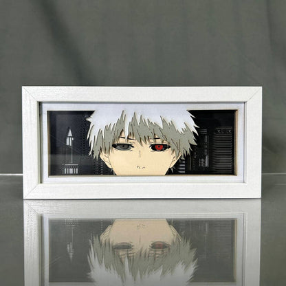 Tokyo Ghoul Kaneki Ken Anime Light Box by Myanimelightbox, dipaparkan, dalam bingkai putih dengan latar belakang hiasan
