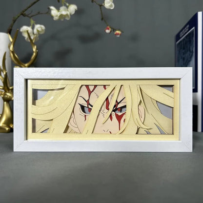 Tokyo Revengers Mikey anime light box by MyAnimeLightbox, display off, in white frame with decorative background
