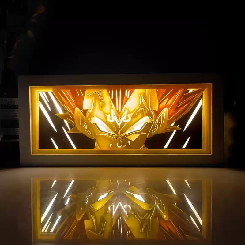 Vegeta Super Saiyan Rage Anime Light Box od Myanimelightbox, zářící v temné místnosti, dramatické osvětlení