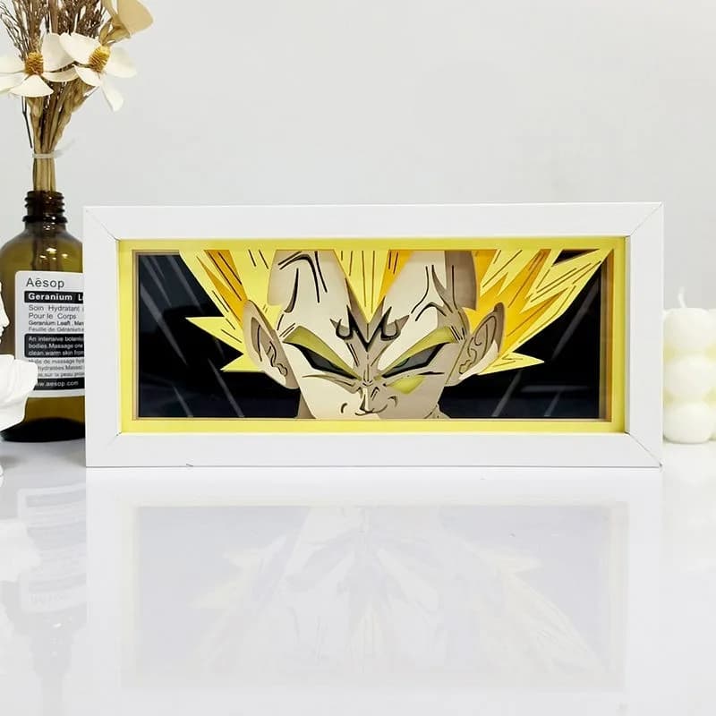 Vegeta Super Saiyan Rage Anime Light Box od Myanimelightbox, zobrazení, v bílém rámu s ozdobným pozadím