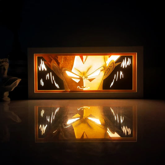 Vegeta Super Saiyan Anime Light Box by Myanimelightbox, bercahaya di bilik gelap, pencahayaan dramatik
