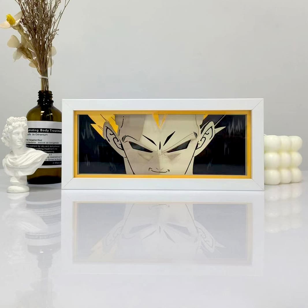 Vegeta Super Saiyan anime light box by MyAnimeLightbox, display off, in white frame with decorative background