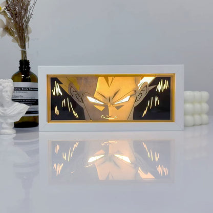 Vegeta Super Saiyan anime light box glowing with light on, room lights visible, by MyAnimeLightbox