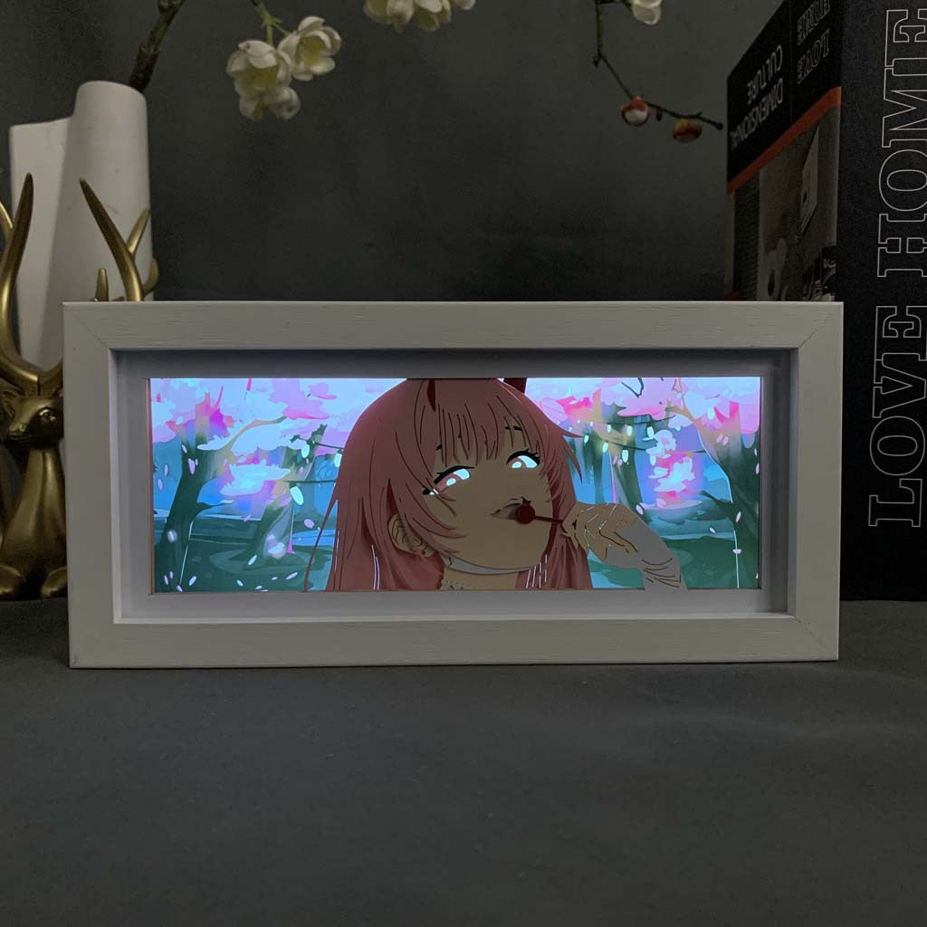 Kotak cahaya sifar dua anime bercahaya dalam suasana sakura dari Darling di Franxx dengan warna LED yang dikawal jauh