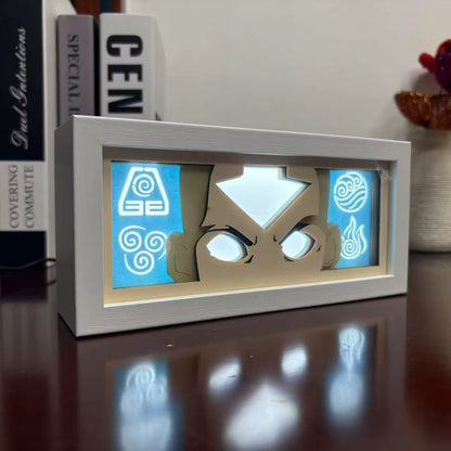 Pemandangan sampingan kotak cahaya Aang menunjukkan udara, air, bumi, dan ikon api menyala dengan warna biru

