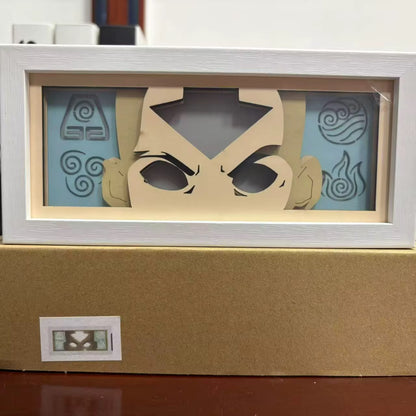 Sudut atas Aang Avatar State Light Box menyala di pangkalan coklat

