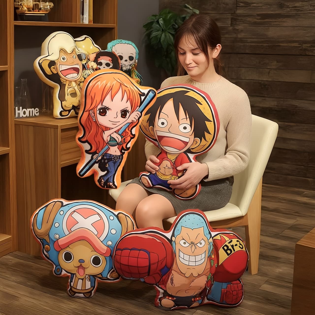 Woman sitting with colorful anime chibi pillows featuring popular characters, perfect room decoration for collectors.