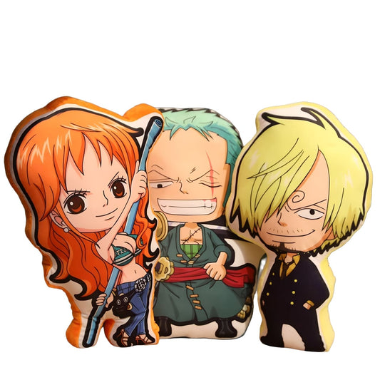 Set of anime chibi character pillows featuring colorful cartoon designs for fans and collectors.
