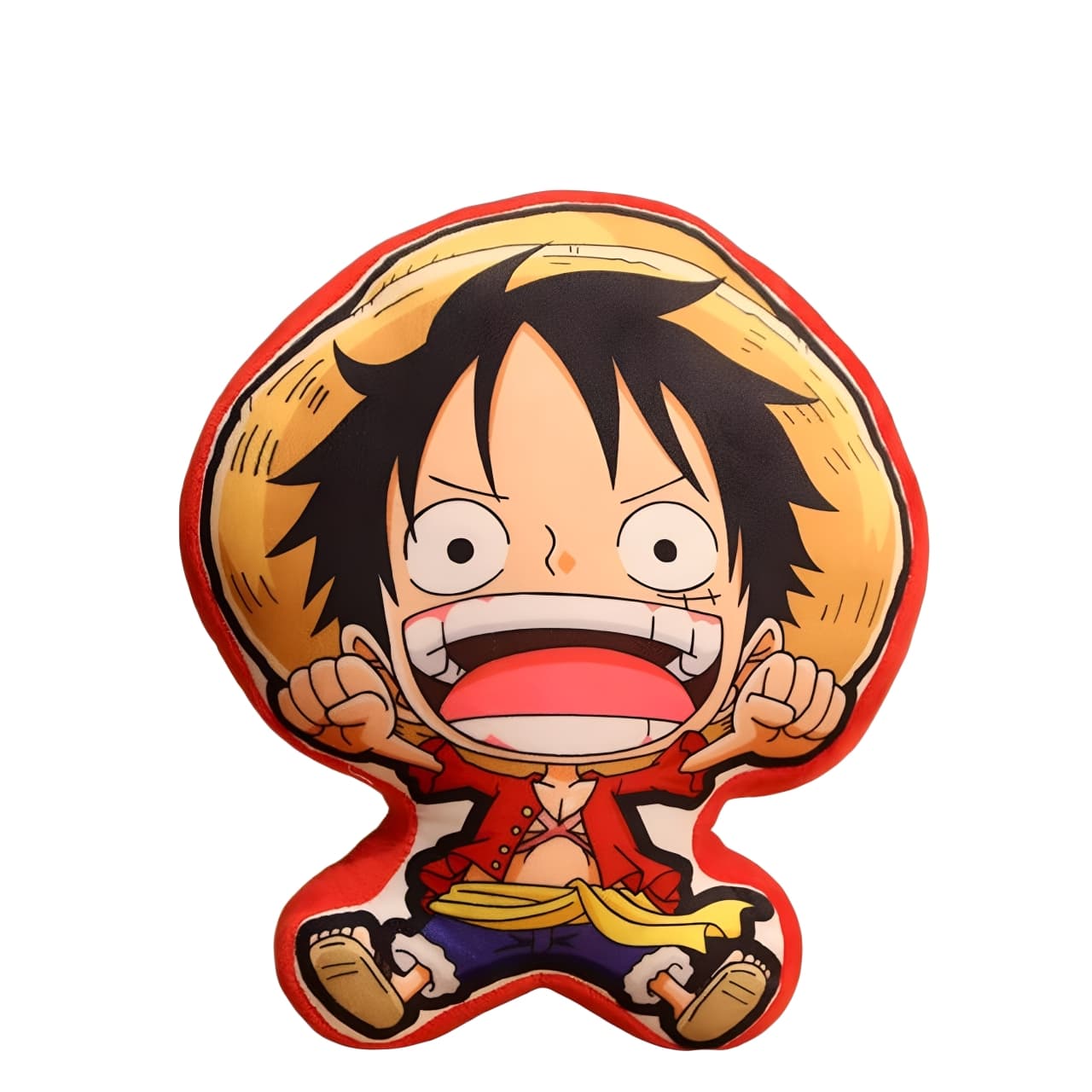 Soft chibi-style pillow of an anime character wearing a straw hat with cheerful expression.