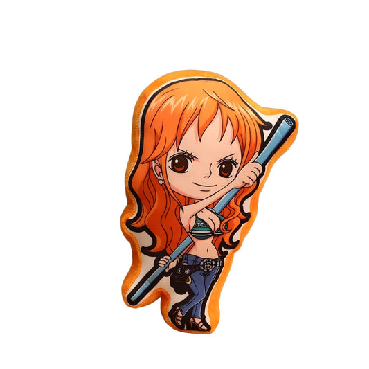 Orange-haired anime chibi pillow of a confident girl holding a staff, cute plush design.
