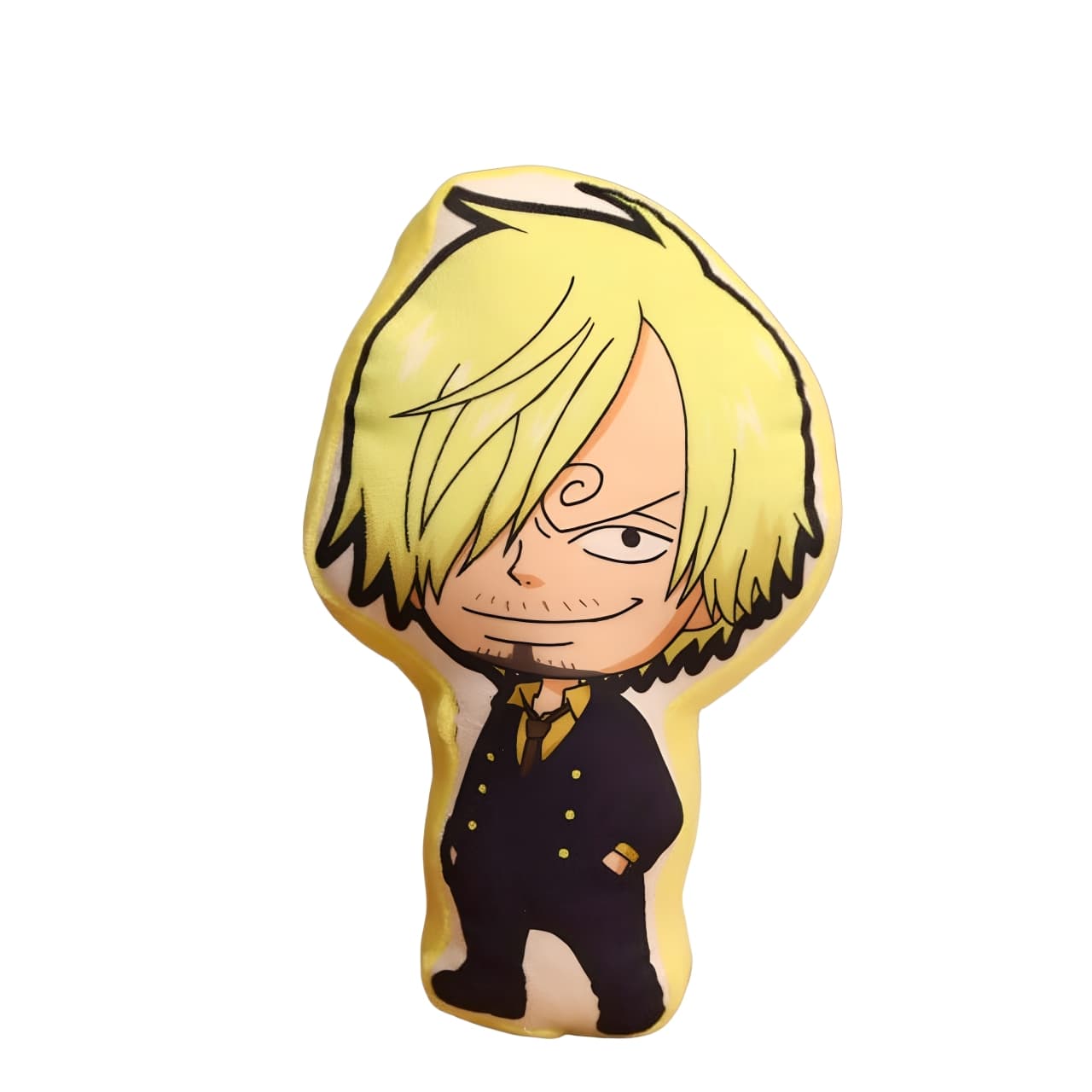 Yellow-haired anime chibi pillow in black suit with confident smile, fun plush for fans.
