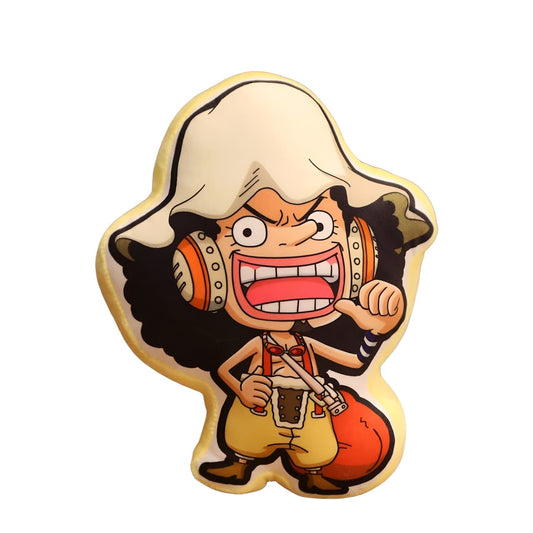 Anime chibi pillow of a character with goggles and slingshot, funny and expressive plush toy.
