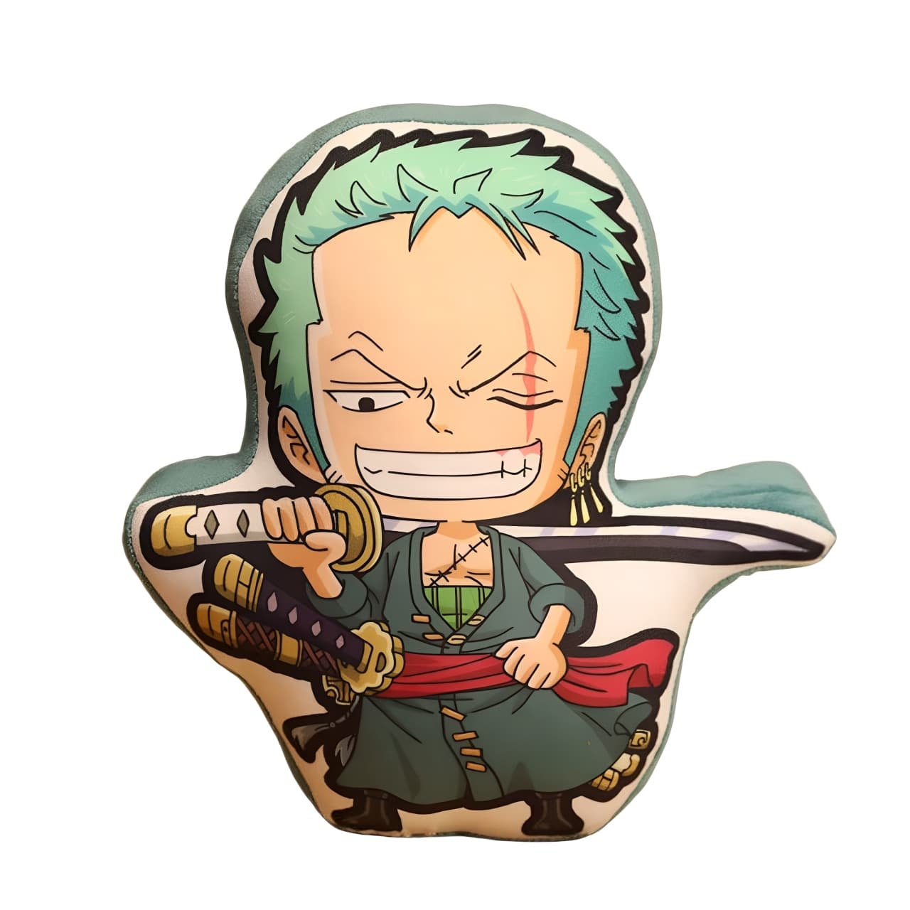 Green-haired anime chibi pillow holding swords, ideal collectible plush for anime lovers.