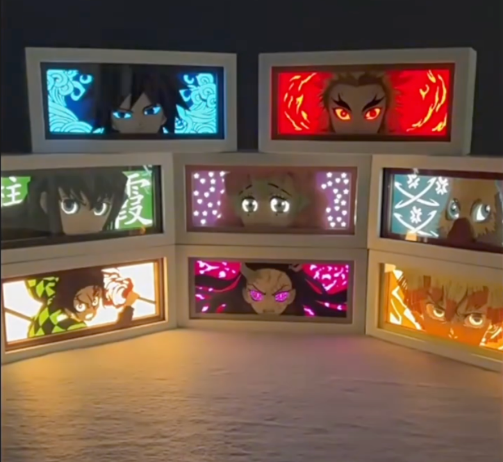 Set of anime light boxes in various colors on a dark background
