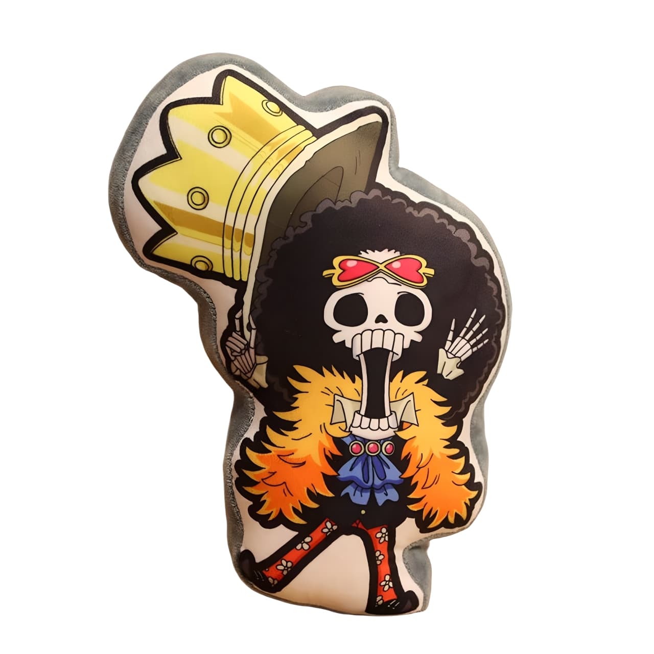 Skeleton anime chibi pillow with crown and orange coat, playful plush for anime collections.