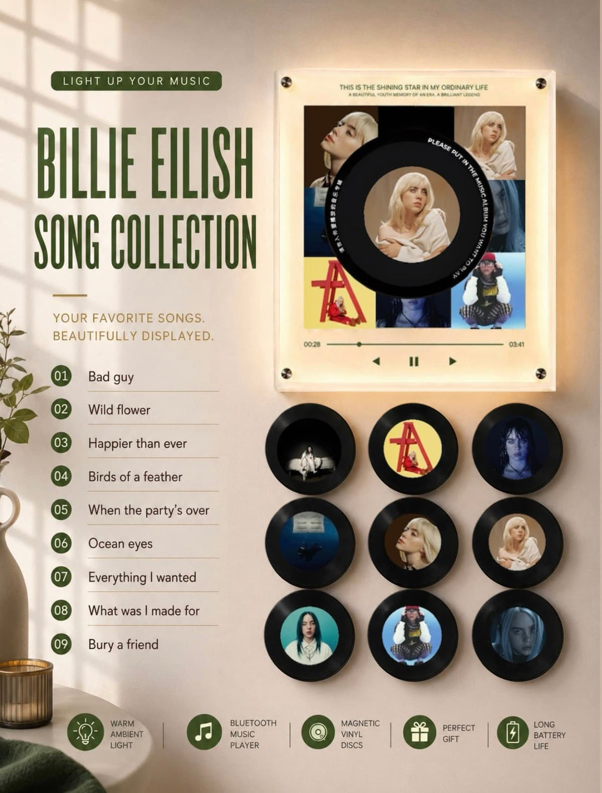 Carillon di Billie Eilish con dischi in vinile magnetici e una raccolta di canzoni da collezione