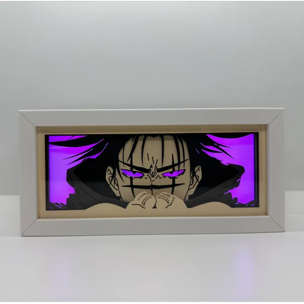 Oeuvre encadrée d&#39;un personnage Choso de Jujutsu Kaisen aux yeux violets et aux cheveux noirs sur fond blanc
