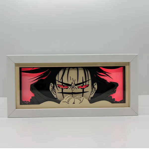 Oeuvre encadrée d&#39;un personnage Choso de Jujutsu Kaisen aux yeux rouges et aux cheveux noirs sur fond blanc