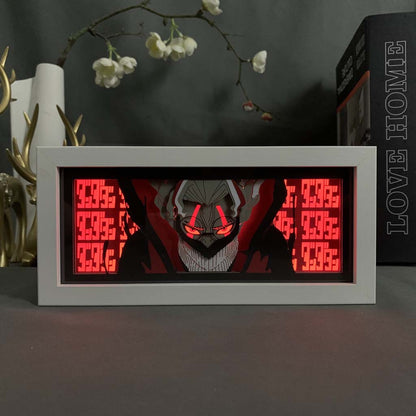 Kotak cahaya anime dandadan menunjukkan mod mata jahat bercahaya merah dengan aura menacing