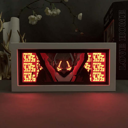 Watak Dandadan dalam Kotak Cahaya Mod Mata Jahat diterangi dalam cahaya kuning elektrik