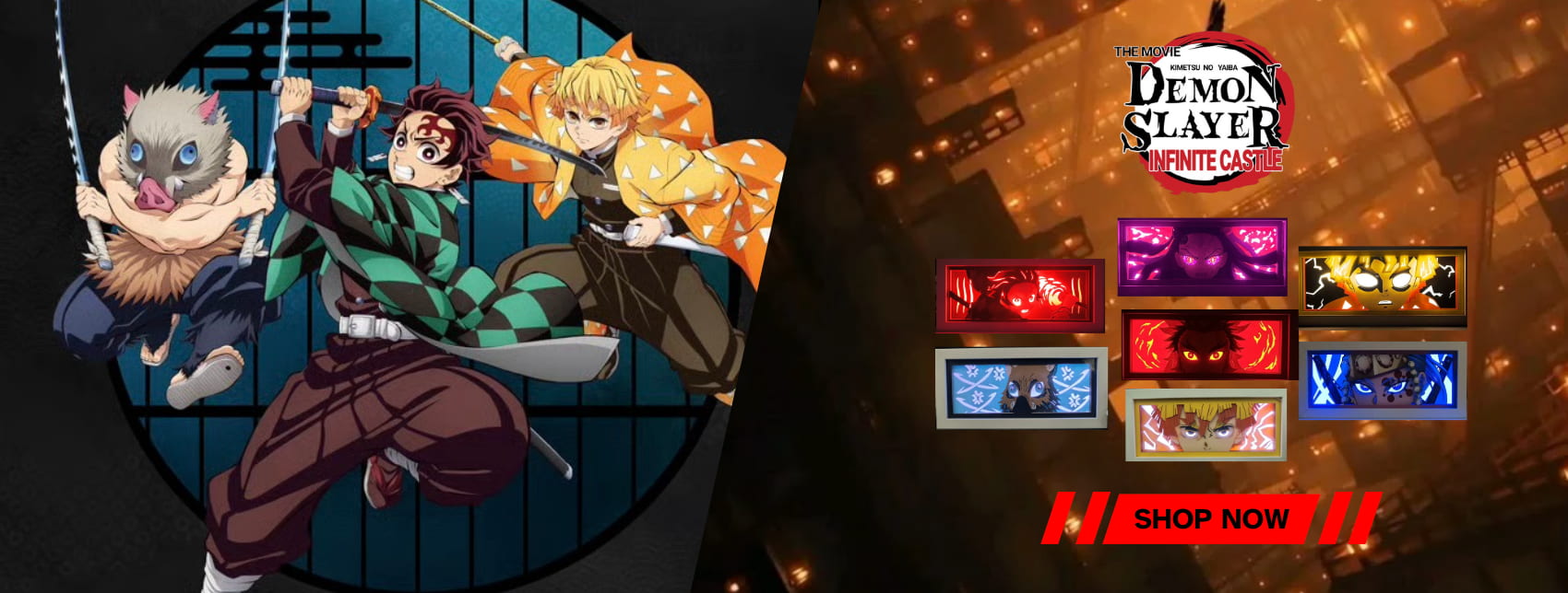 Black Friday Advertisement for 'Demon Slayer' anime light box with character eyes and colorful lights on a dark background image banner