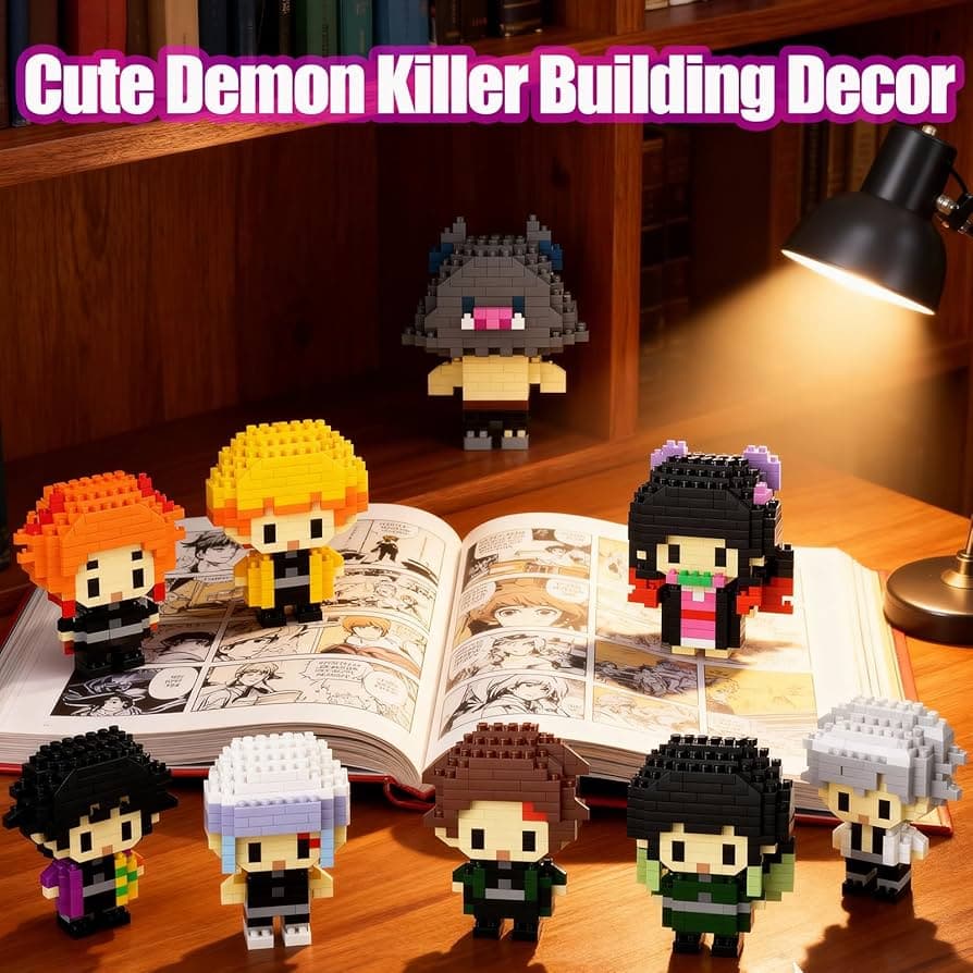 Demon Slayer mini block figures used as desk and bookshelf decor