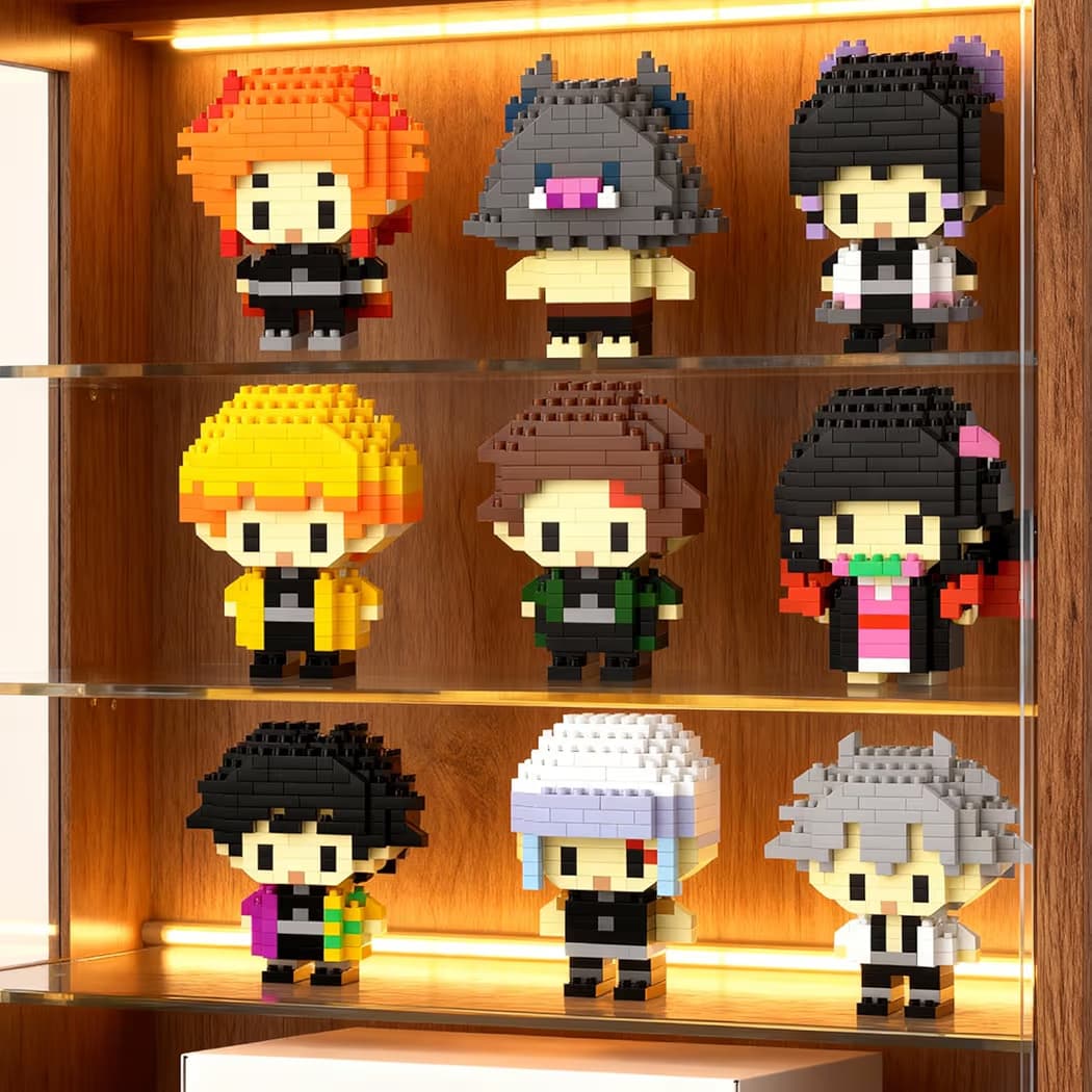 Demon Slayer mini block figures full set displayed on wooden shelf
