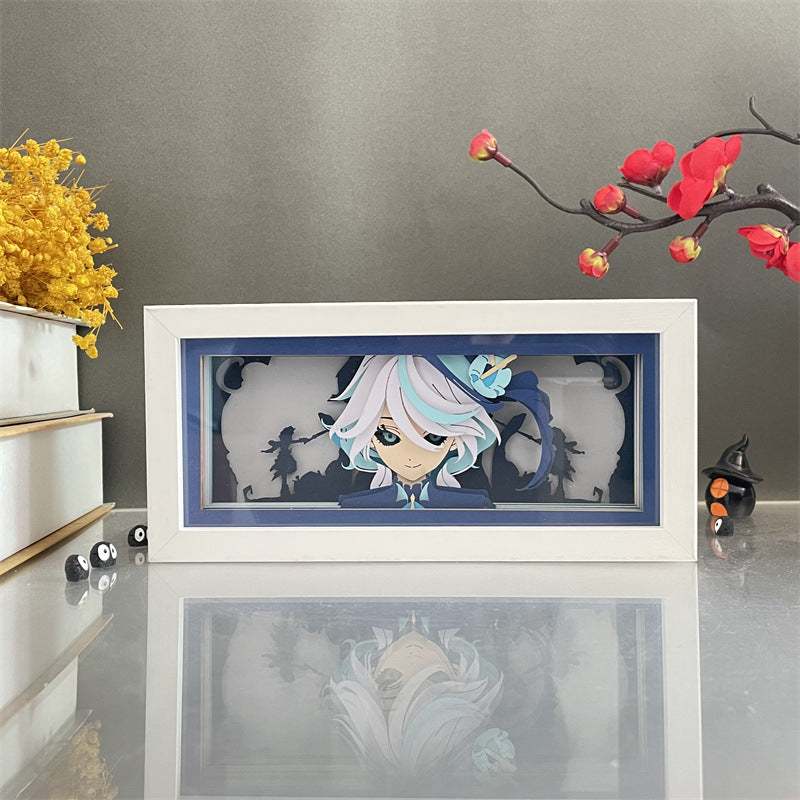 Leuchtkasten „Genshin Impact Wanderer“ mit Vorderansicht, detaillierter Papierkunst und weißem Rahmendekor.
