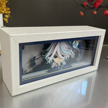 Vue latérale de la boîte à lumière d&#39;anime Genshin Impact Wanderer avec un design en papier superposé et un cadre blanc élégant.
